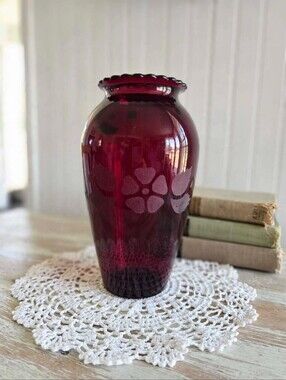 Vintage Anchor Hocking Royal Ruby Red Glass Vase | Frosted Floral Etch